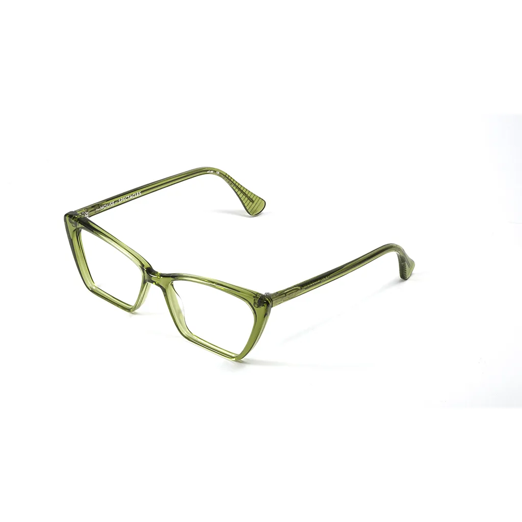 KIT light olive green glasses — angled view highlighting refined profile and sculpted upper line, handcrafted in London.