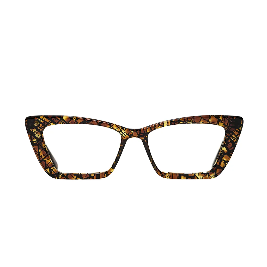 KIT heavy line frame in honeycomb acetate — front view, shallow-depth silhouette with subtle upsweep, made to measure and handcrafted in London