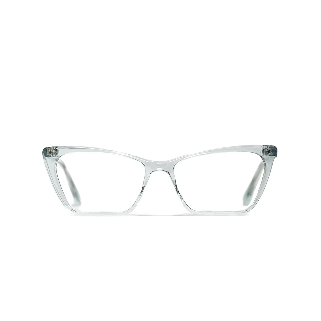 KIT light line frame in baby blue acetate — front view, soft upswept silhouette with a light, modern feel, made to measure and crafted in London.