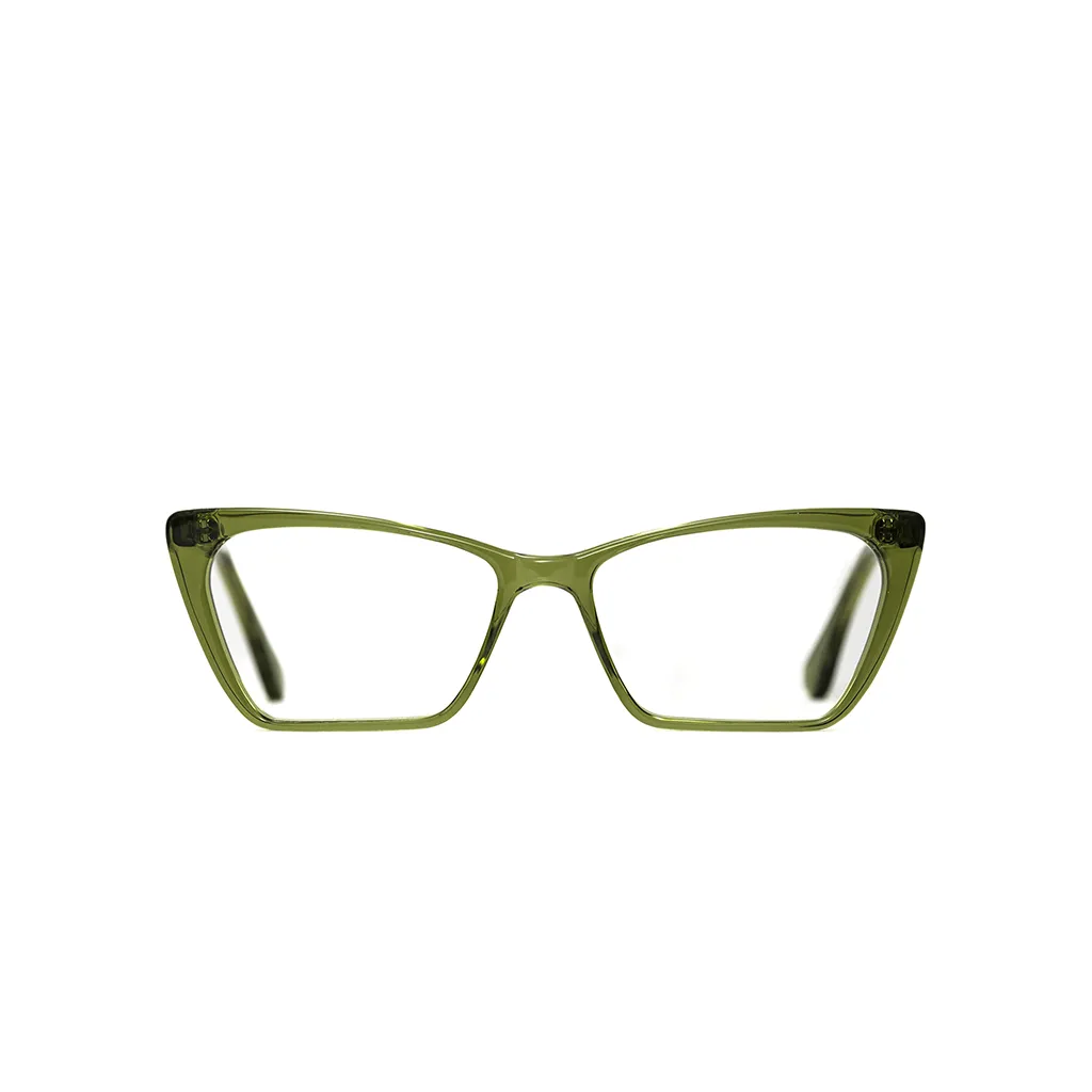 KIT light line frame in olive green acetate — front view, shallow-depth modern shape with subtle upsweep, made to measure in London.