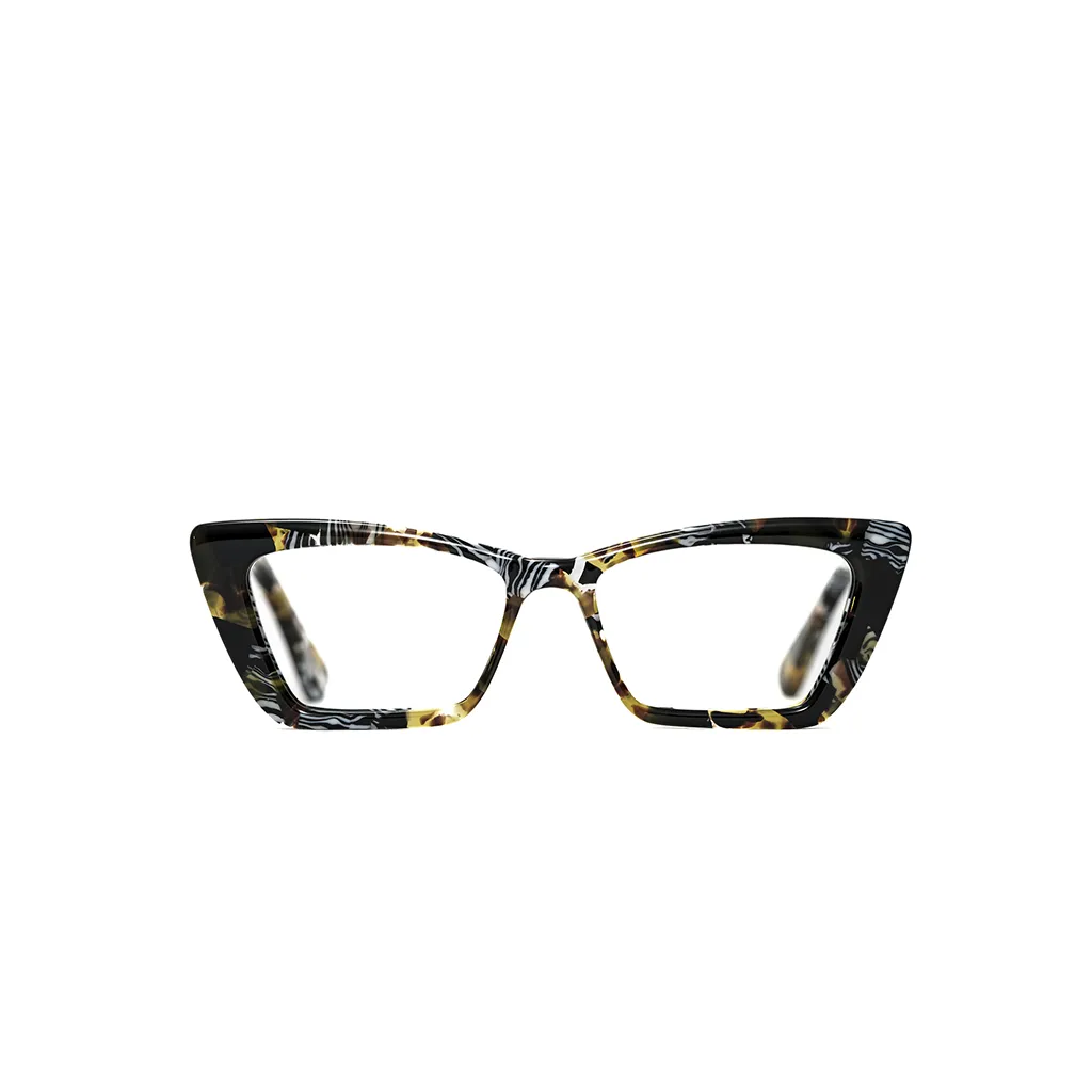 “KIT heavy small-frame in 80s Allsorts acetate — front view, sculptural shallow-depth shape with subtle 60s–90s upsweep, made to measure and crafted in London