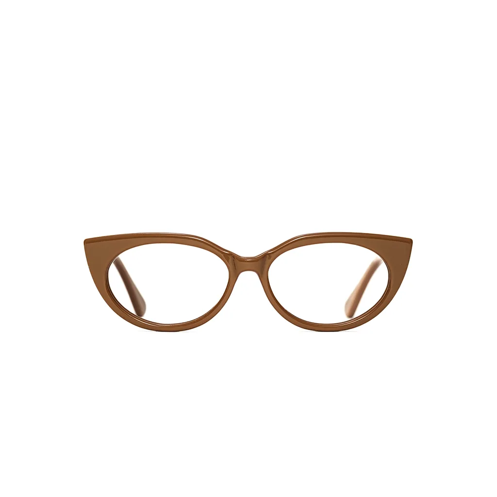 TIG heavy line frame in Turmeric acetate — front view, bold leaf-shaped silhouette with pointed upsweep, made to measure and handcrafted in London.