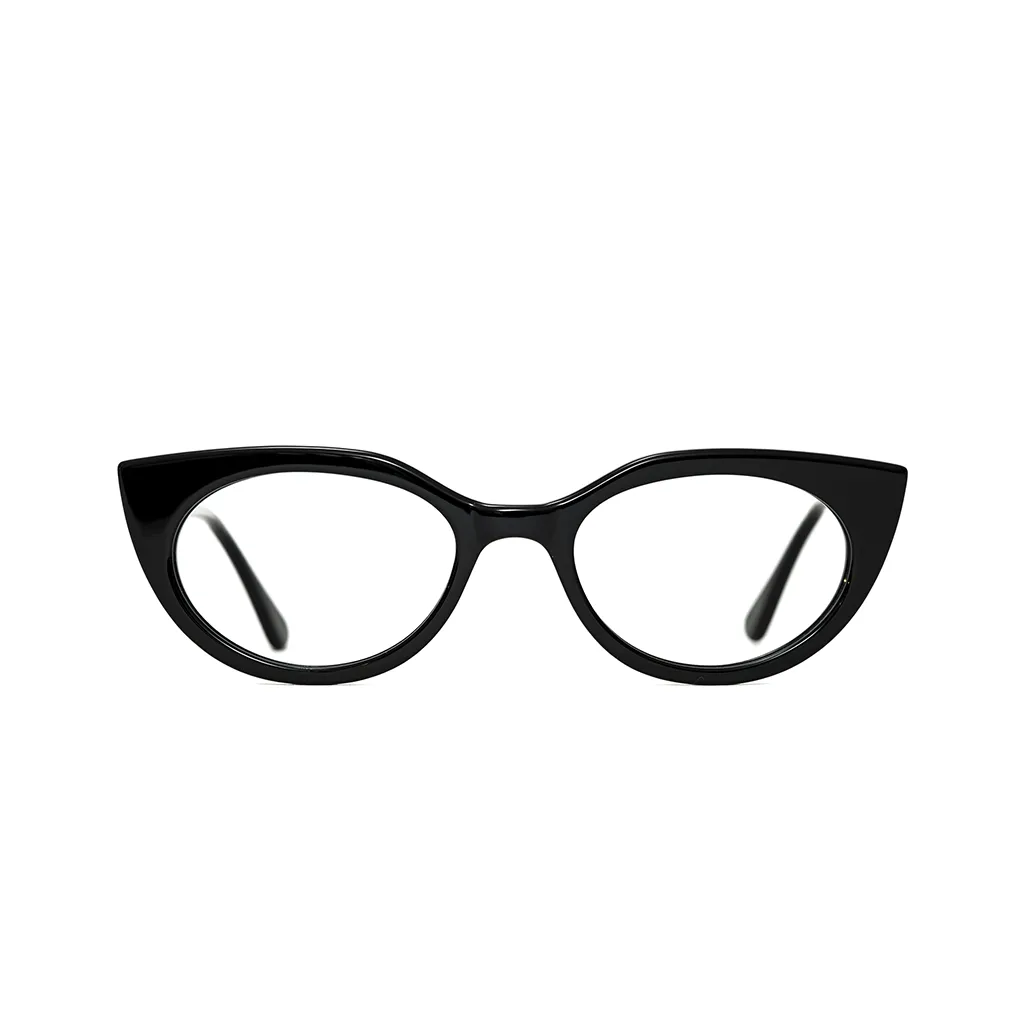 TIG heavy line frame in gloss black acetate — front view, bold leaf-shaped design with sculptural depth and upswept corners, made to measure in London
